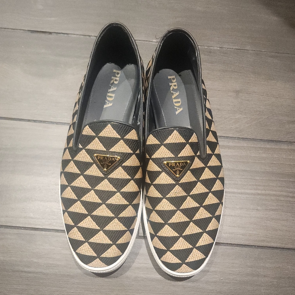 Prada Men's Black and Tan Slip-On Shoes